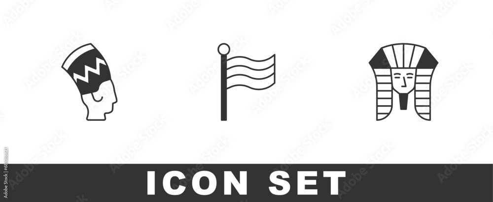 Fototapeta premium Set Nefertiti, Flag Of Egypt and Egyptian pharaoh icon. Vector