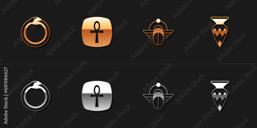 Set Magic symbol of Ouroboros, Cross ankh, Egyptian Scarab and vase icon. Vector Set Magic symbol of Ouroboros, Cross ankh, Egyptian Scarab and vase icon. Vector