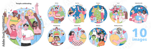 Festive Occasions set. Global celebrations and personal milestones. Joyful gatherings, gift exchanges, and cultural festivities. Flat vector illustration.