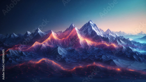 Big Data. Abstract digital mountains range landscape with glowing light dots. Futuristic low poly wireframe illustration on technology blue background. Data mining concept