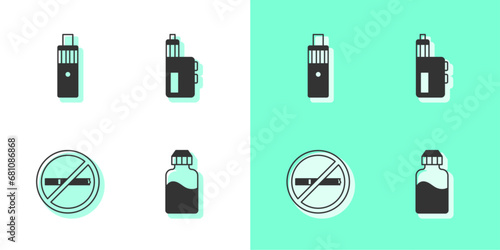 Set Vape liquid bottle, mod device, No smoking and icon. Vector