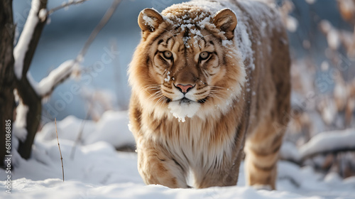 A liger  with a snow-covered landscape as the background  during a brisk winter day