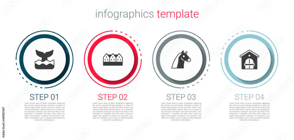 Set Whale tail, Norwegian wooden house, Horse and Farm. Business infographic template. Vector Set Whale tail, Norwegian wooden house, Horse and Farm. Business infographic template. Vector