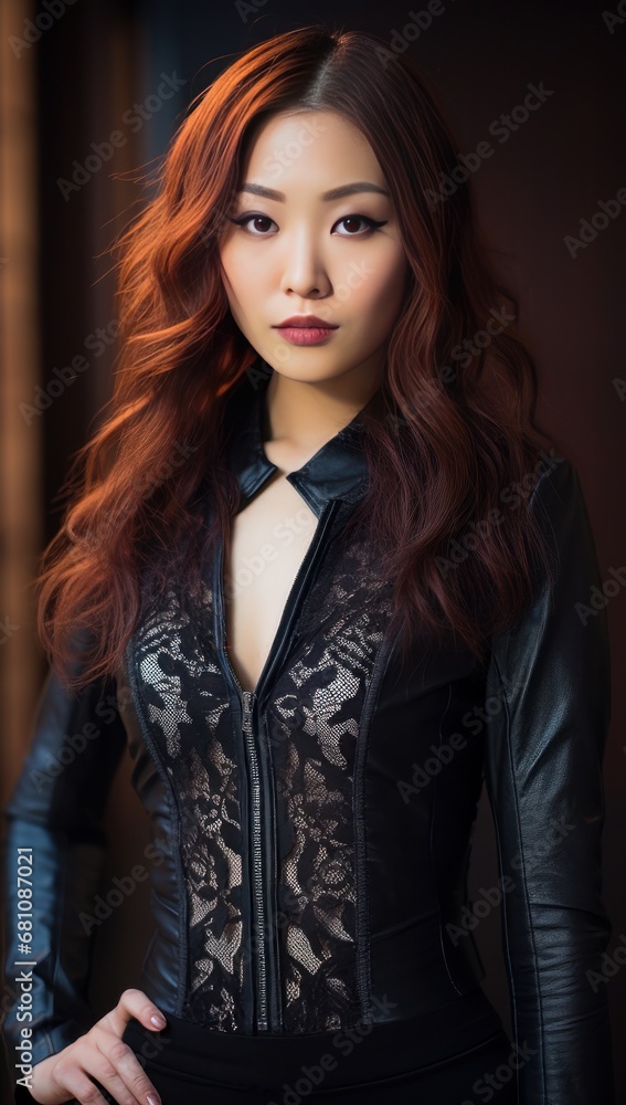 A young Asian woman with red hair in a leather jacket exudes urban chic, perfect for fashion and city lifestyle themes.