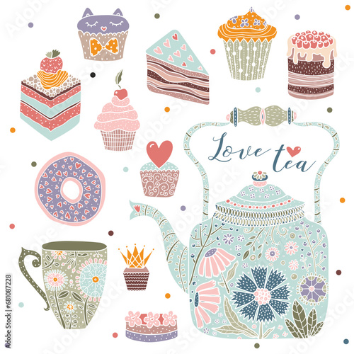 Vintage set with teapot, cup and cakes. Tea party. Vector illustration.