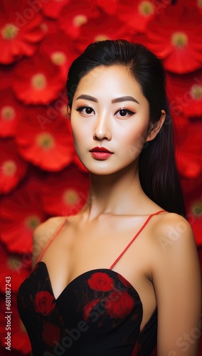 A captivating young Asian woman with sleek black hair against a vibrant red floral backdrop, perfect for beauty and glamour themes.