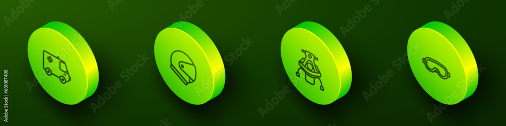 Set Isometric line Ambulance and emergency car, Helmet, Snowmobile and Ski goggles icon. Vector Set Isometric line Ambulance and emergency car, Helmet, Snowmobile and Ski goggles icon. Vector