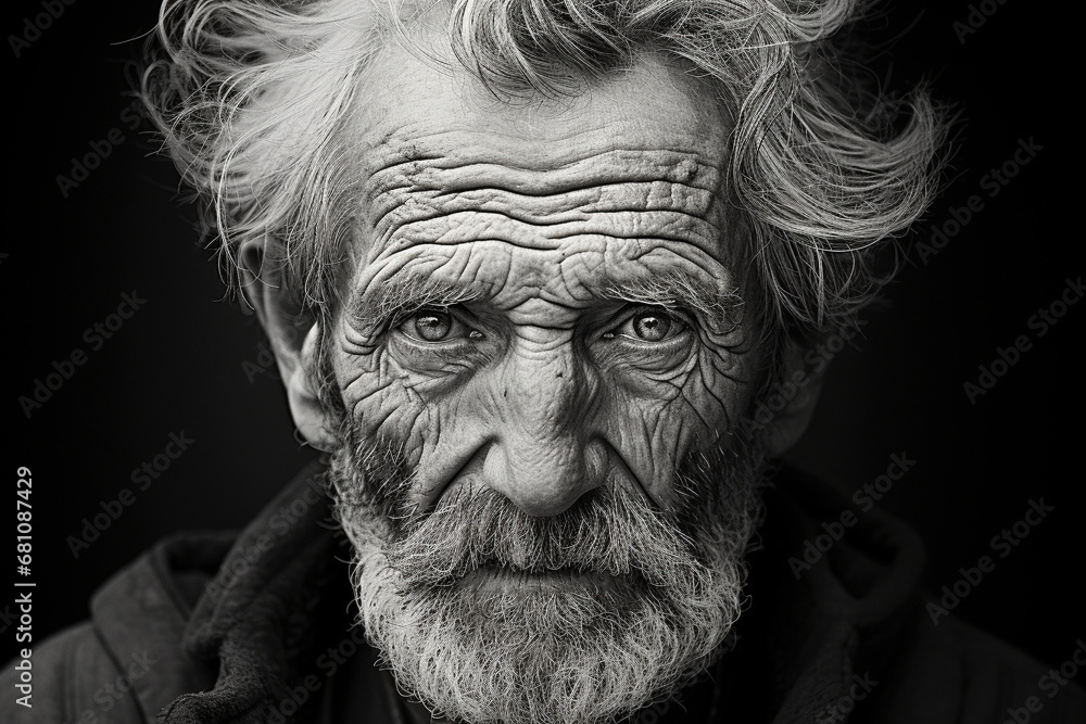 GENERATIVE AI: Time's Gentle Touch - Black and White Portrait of an Elderly Man with Kind Eyes and Wrinkles GENERATIVE AI: Time's Gentle Touch - Black and White Portrait of an Elderly Man with Kind Eyes and Wrinkles