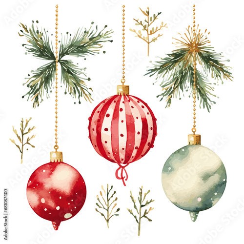 christmas tree decorations christmas balls and baubles watercolor vectors