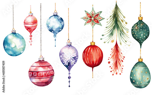 christmas balls set and tinsels watercolor vectors