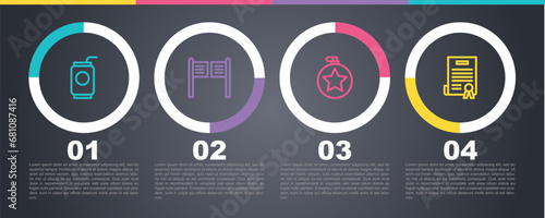 Set line Soda can with straw, Saloon door, Canteen water bottle and Declaration of independence. Business infographic template. Vector