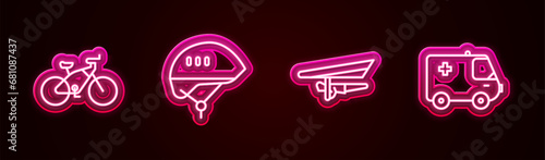 Set line Bicycle, helmet, Hang glider and Ambulance and emergency car. Glowing neon icon. Vector