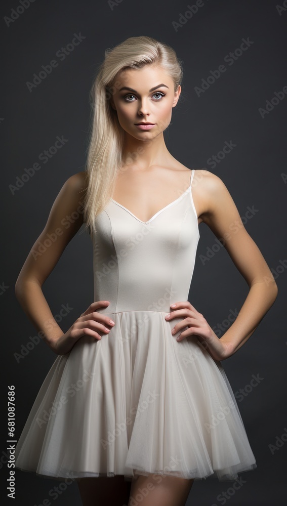 Stunning blonde woman in a graceful ballet dress, striking a pose against a dark backdrop, perfect for fashion and lifestyle themes.