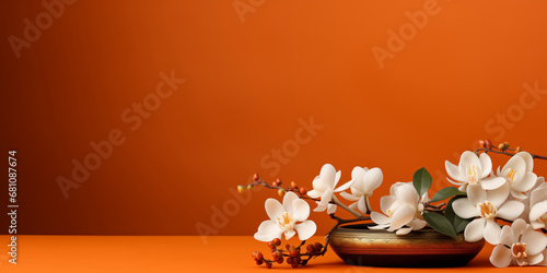 Bronze bowl and white orchid flowers on orange background with copy space, meditation and relaxation time