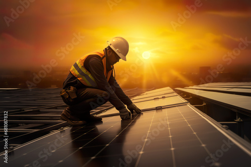 a worker is working on solar panels with golden sunset