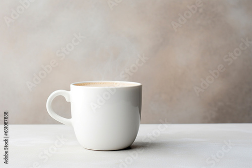 GENERATIVE AI: Simplicity in Sips - Top Down View of a White Ceramic Mug with Steaming Coffee and Frothy Milk © Isidro