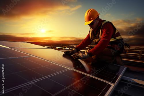 a worker is working on solar panels with golden sunset