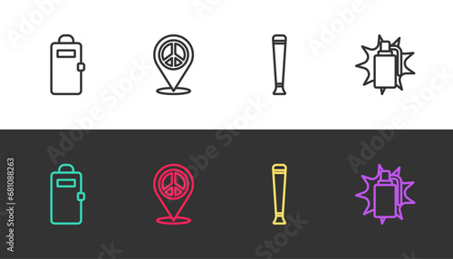 Set line Police assault shield, Location peace, rubber baton and Hand grenade on black and white. Vector