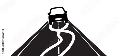 Slippery road. Cartoon car skidding uncontrollably across the highway. warning, vehicle skidding across the road past warning signboard. Traffic, city street. Car skid, traffic sign. car accident icon