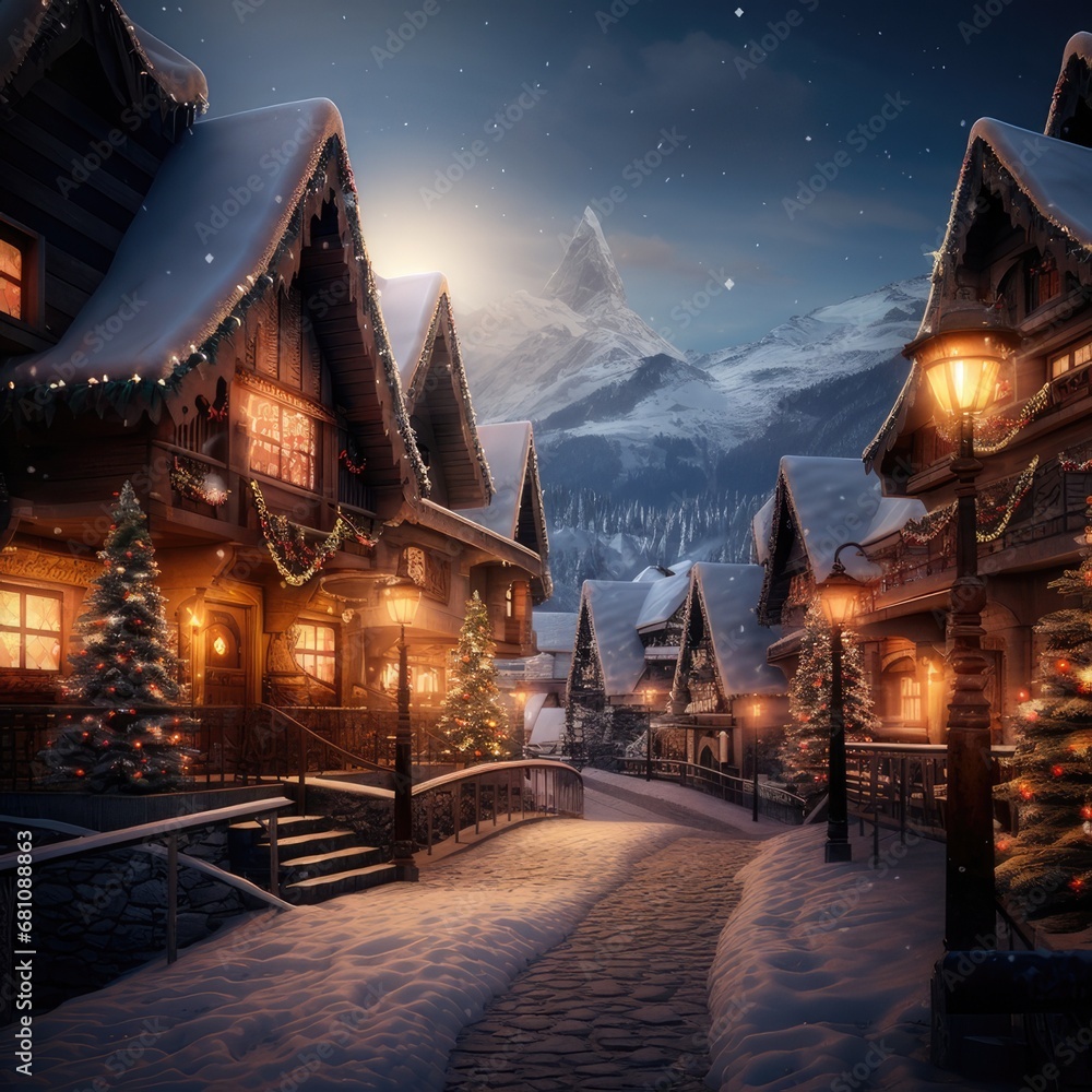 A Joyful Christmas in the Mountain Village, generative AI A Joyful Christmas in the Mountain Village, generative AI