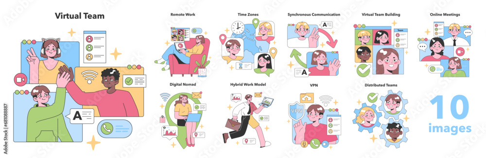 Comprehensive virtual team concepts depicted in a vibrant set, from ...