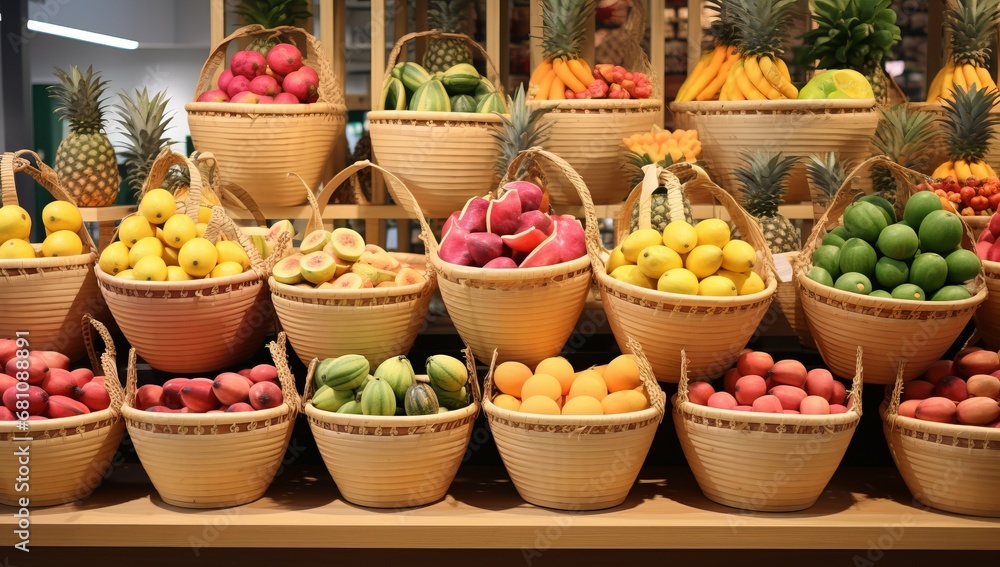 A Vibrant Display of Colorful Fruit Baskets