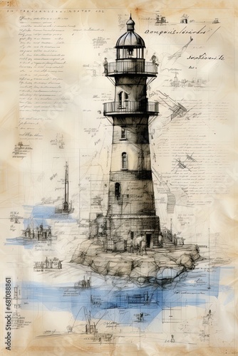 Lighthouse sketch drawing. Nautical and sailing concept. Poster design. Generative