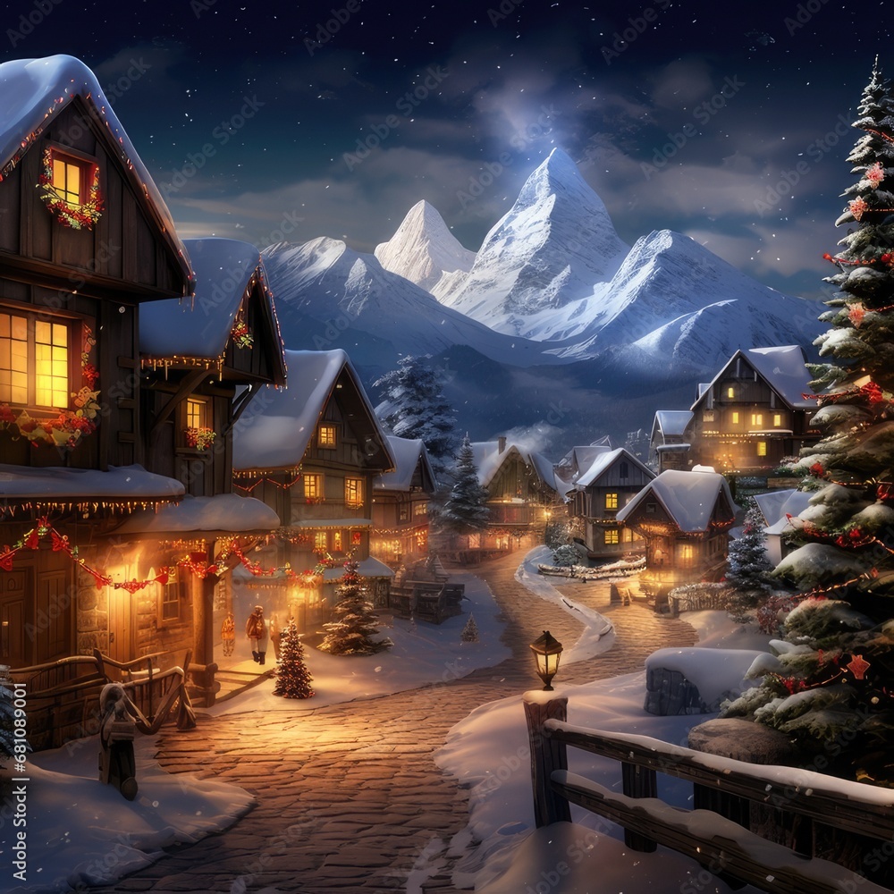 A Joyful Christmas in the Mountain Village, generative AI