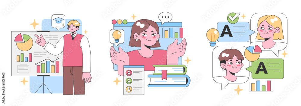 Educational insights set. Professionals exploring data trends, students grasping concepts, and celebrating achievements. Knowledge sharing, progress tracking. Flat vector illustration Educational insights set. Professionals exploring data trends, students grasping concepts, and celebrating achievements. Knowledge sharing, progress tracking. Flat vector illustration