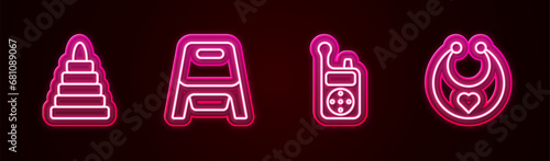 Set line Pyramid toy, Baby potty, Monitor Walkie Talkie and bib. Glowing neon icon. Vector