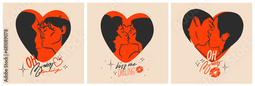 Hand drawn vector abstract graphic illustration Valentine day, drawing kissing lgbt couple set in heart silhouette.Love couple kissing together.Valentines beautiful design concept.Lgbt couple concept.
