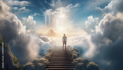 Stairway to the Sky: A Man Ascending Amongst the Clouds