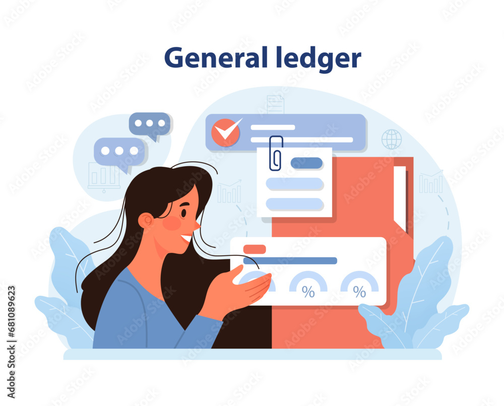 Expertly navigating the general ledger. Woman interacts with digital financial records, percentages, and checkmarks. Comprehensive bookkeeping insight. Flat vector illustration.