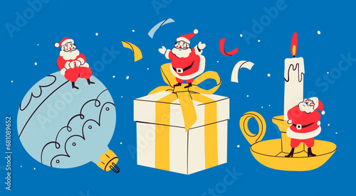 Little Santa Claus sitting on a big Christmas toy, standing on a gift box and candle. Hand drawn modern Vector illustration. Isolated design elements. Party decoration, new year celebration concept