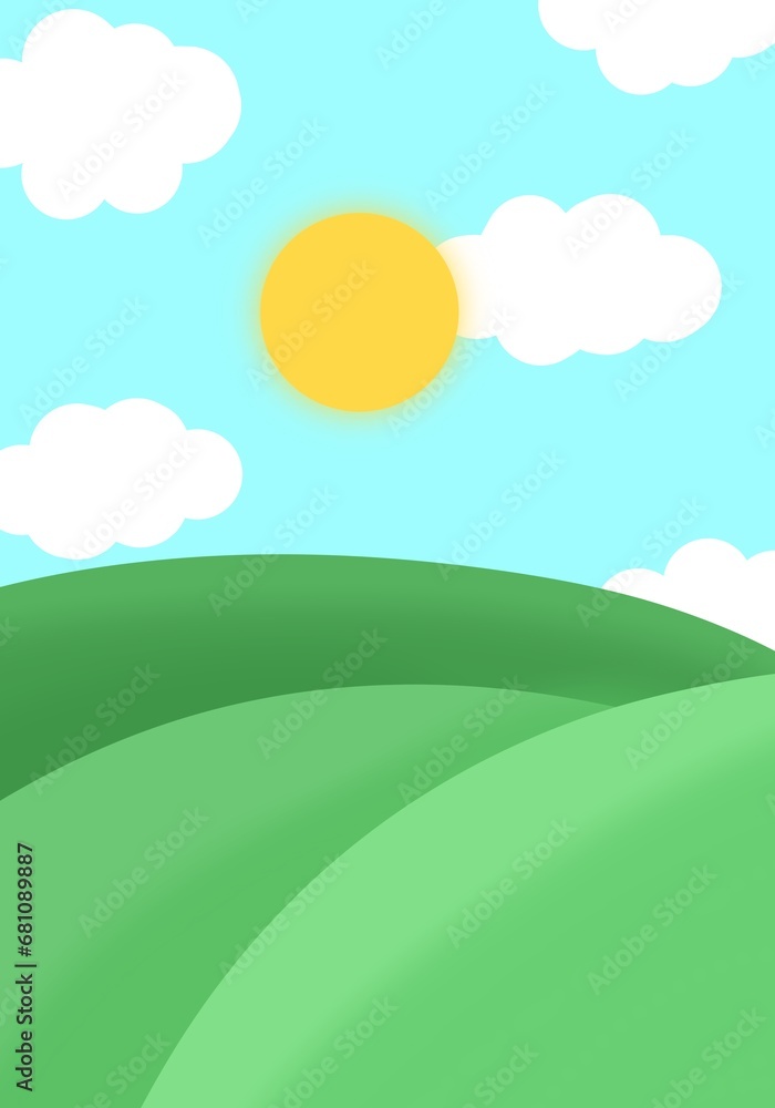 Cute landscape with mountain background, landscape illustration