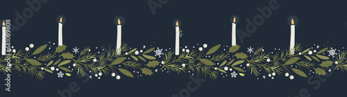 Cute hand drawn horizontal seamless pattern with candles, branches and christmas decoration - x mas background, great for textiles, banners, wallpapers - vector design