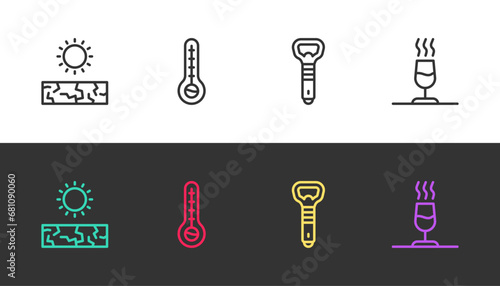 Set line Drought, Meteorology thermometer, Bottle opener and Wine tasting, degustation on black and white. Vector
