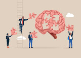 Business team help each other to assemble brain puzzles brain. Flat vector illustration