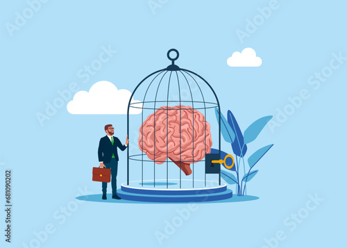 Businessman keeps and looking at the cerebrum inside the cage. Brain in prison. Ideas blocked. Modern vector illustration in flat style
