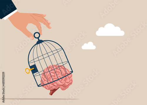 Hand businessman try bring cerebrum out from cage. Idea freedom and business. Modern vector illustration in flat style