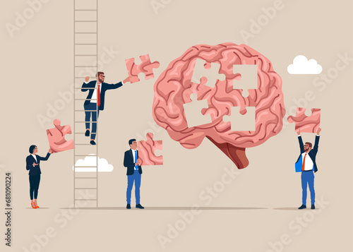 Business team help each other to assemble brain puzzles brain. Flat vector illustration