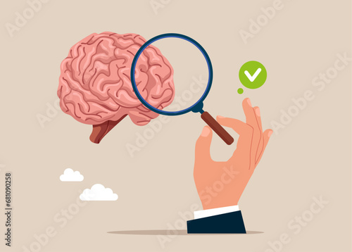 Hand holds magnifying glass and looking at the cerebrum. Check out the smartest. Data archive. Flat vector illustration