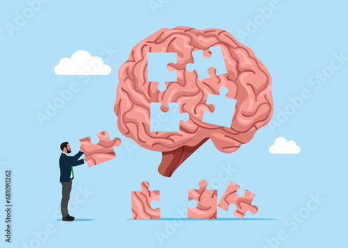Solve brain puzzles. Helping to solve problems. Brainstorming. Flat vector illustration
