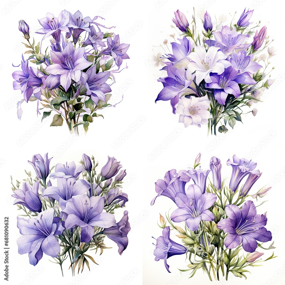 Purple Campanula flower bouquet clipart isolated on a white background, suitable for Christmas decoration or winter holiday gift embellishments, and wedding decor. Purple Campanula flower bouquet clipart isolated on a white background, suitable for Christmas decoration or winter holiday gift embellishments, and wedding decor.