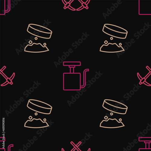 Set line Pickaxe, Giant magnet holding iron dust and Handle detonator on seamless pattern. Vector
