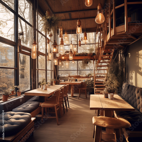 Bright and cozy sunlit interior of a rustic café with wooden interior and hanging lamps