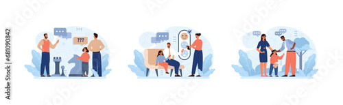 Family Dynamics set. A man helps a child integrate, professionals guide a family in therapy, and a step-parent connects with their child. Navigating diverse relationships. Flat vector illustration.