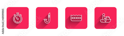 Set line Stopwatch, Snorkel, Swimming pool and Jet ski with long shadow. Red square button. Vector