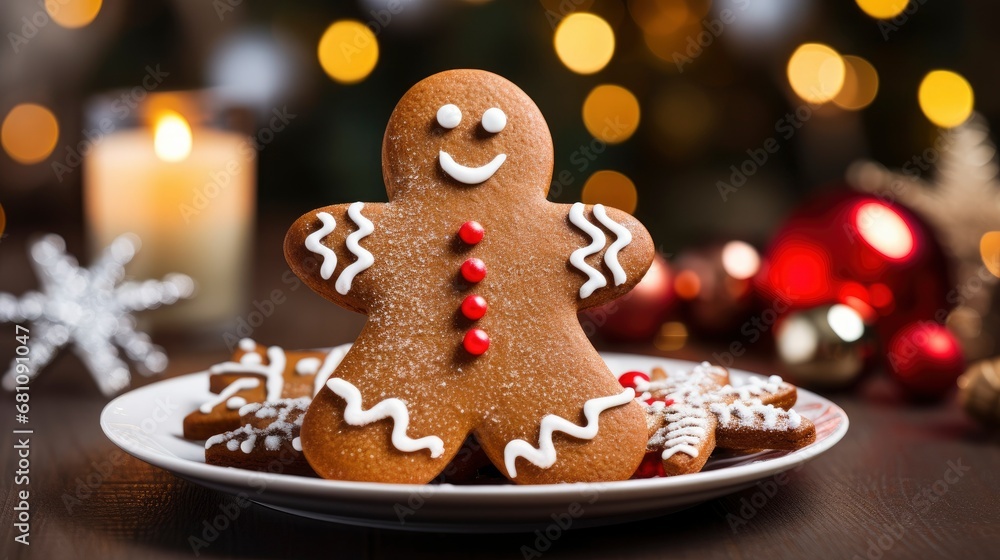 Gingerbread cookie man on Christmas background