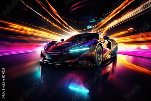 Stylized Sports Car Lighting Up the Night in a Neon Cityscape Generative AI